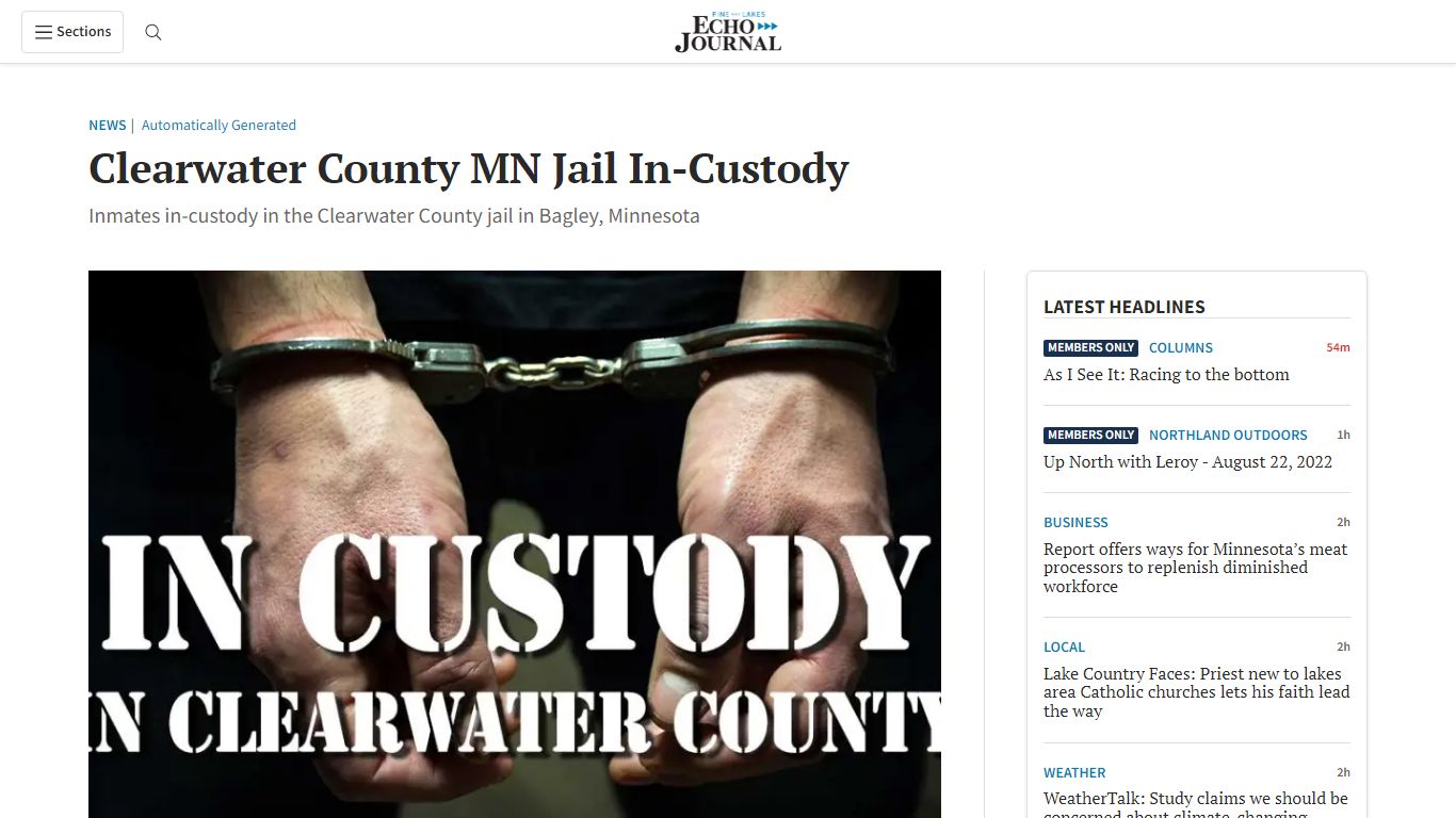 Clearwater County MN Jail In-Custody - Pine & Lakes Echo Journal